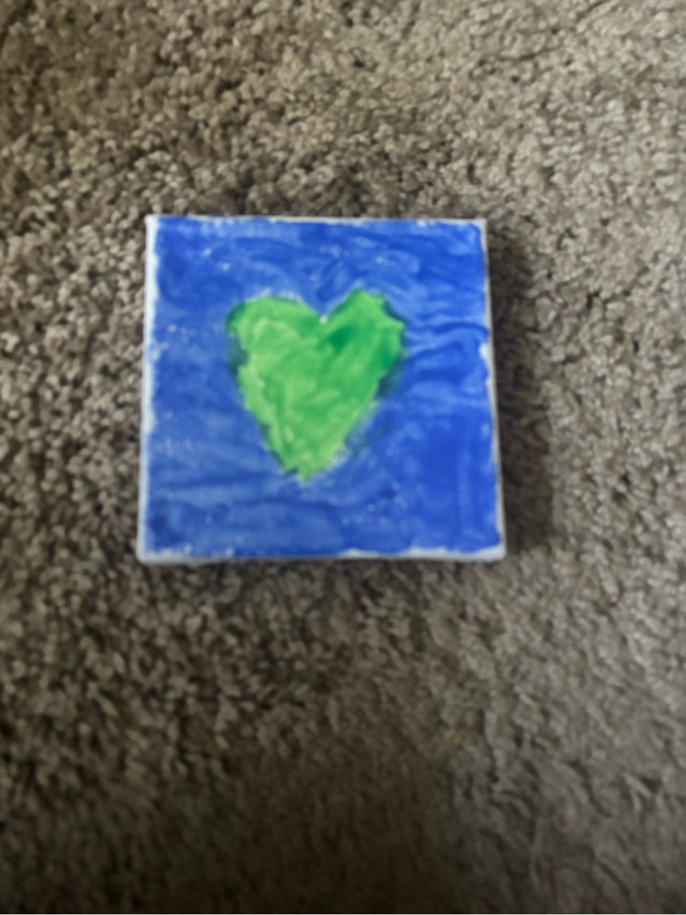 Handpainted Blue Canvas with Green Heart - Home Art